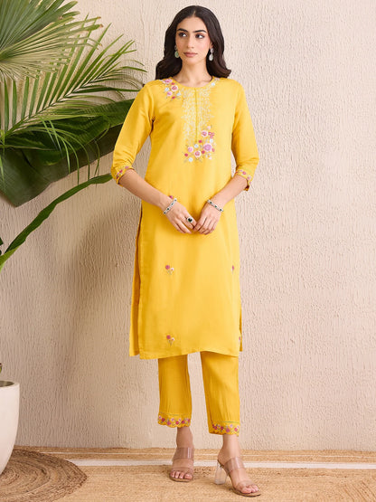 Yellow Embroidered Straight Kurta Trousers With Dupatta set
