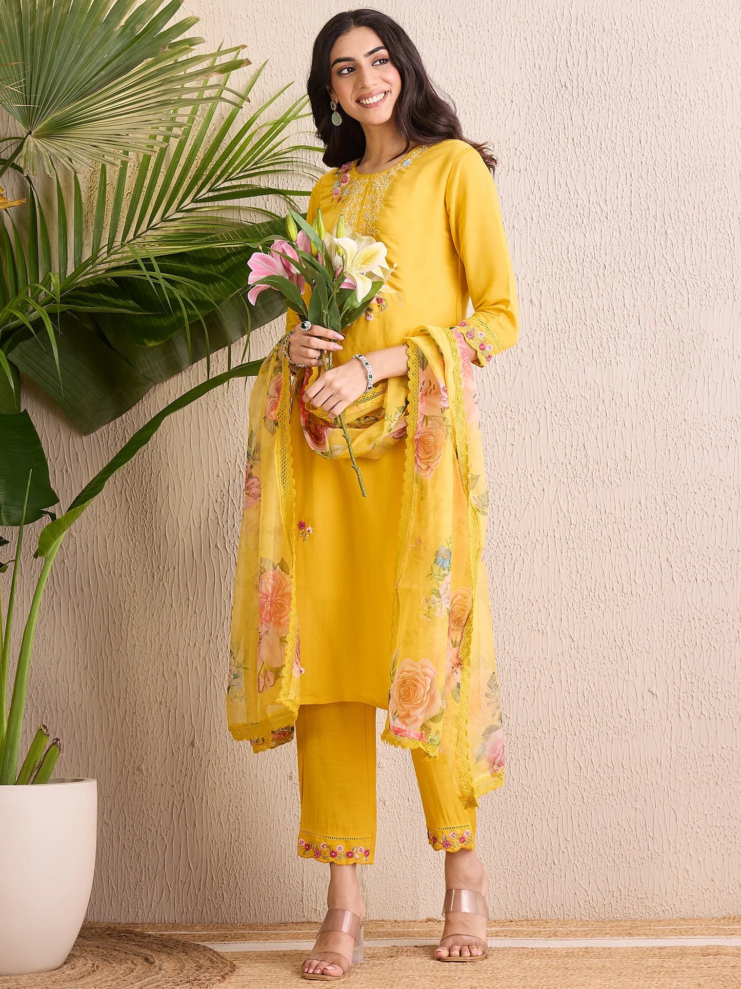Yellow Embroidered Straight Kurta Trousers With Dupatta set