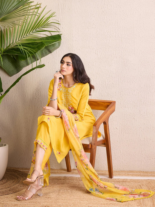 Yellow Embroidered Straight Kurta Trousers With Dupatta set