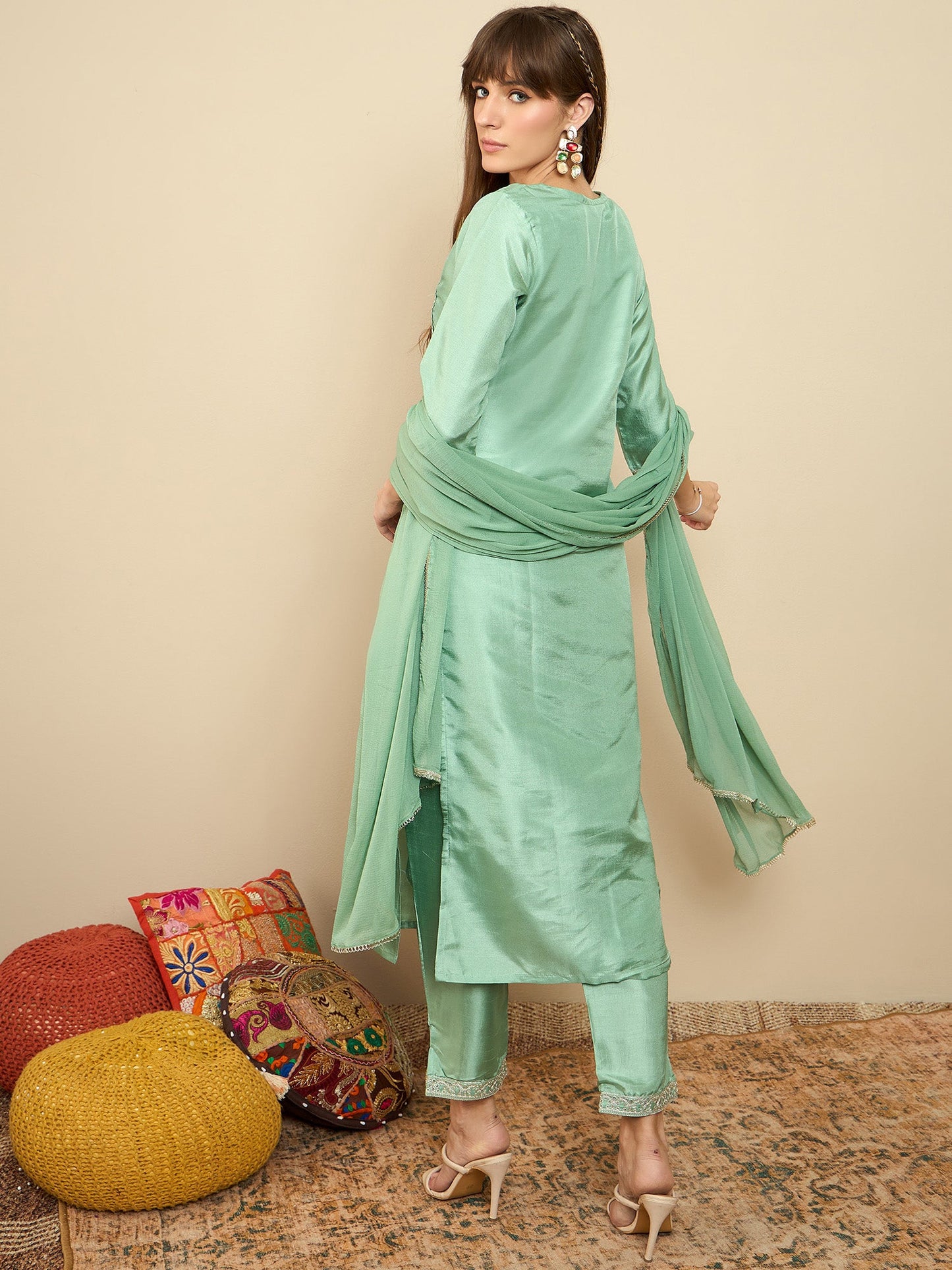 Indo Era Green Embroidered Straight Kurta Trousers With Dupatta Set