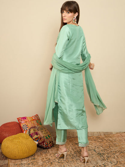 Indo Era Green Embroidered Straight Kurta Trousers With Dupatta Set