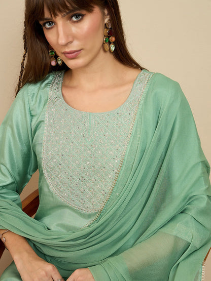 Indo Era Green Embroidered Straight Kurta Trousers With Dupatta Set