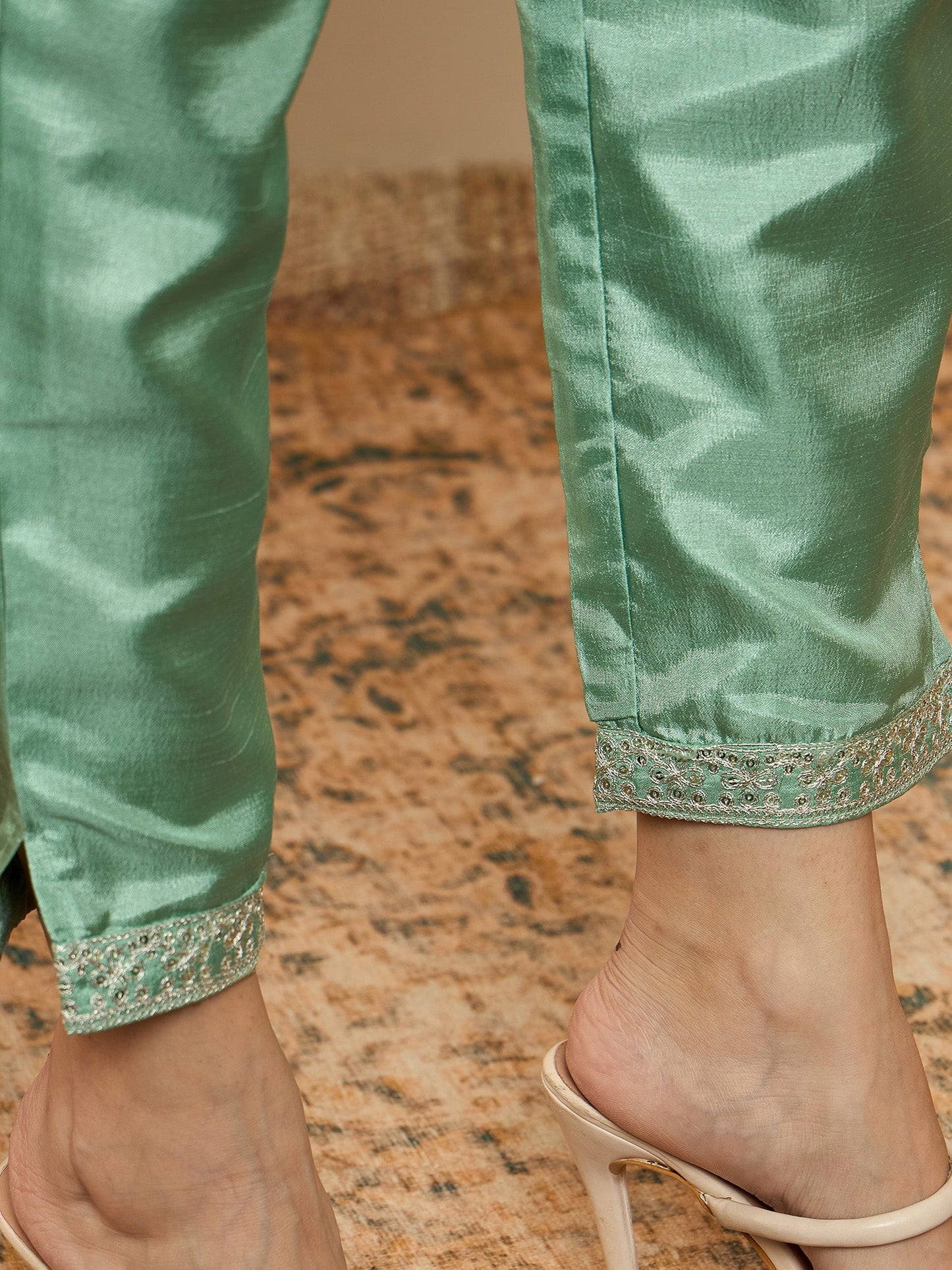 Indo Era Green Embroidered Straight Kurta Trousers With Dupatta Set