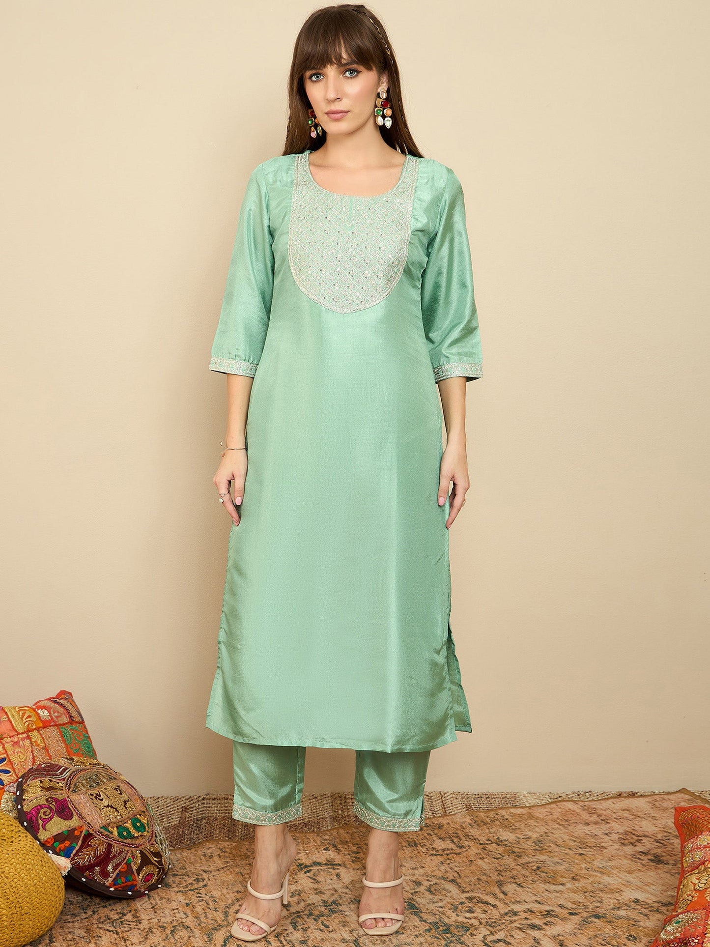 Indo Era Green Embroidered Straight Kurta Trousers With Dupatta Set