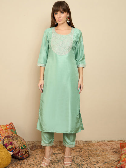 Indo Era Green Embroidered Straight Kurta Trousers With Dupatta Set