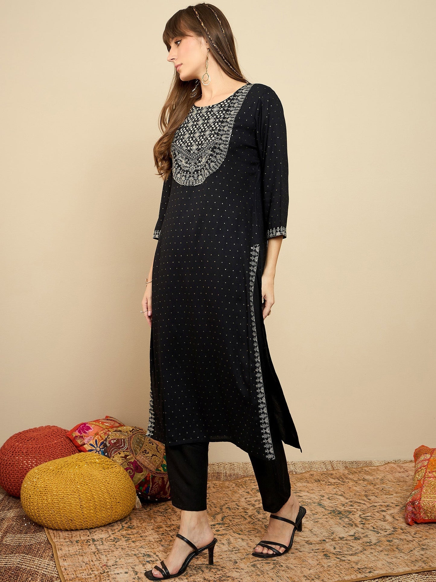 Indo Era Black Embroidered Straight Kurtas