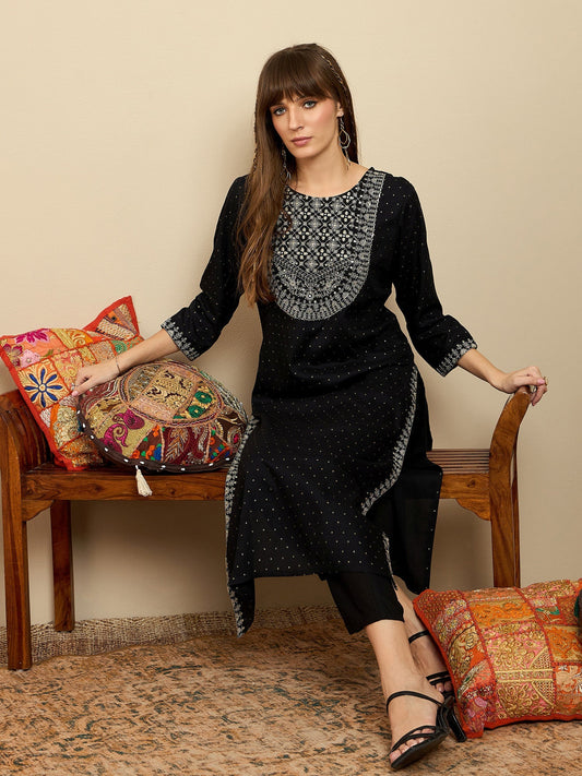 Indo Era Black Embroidered Straight Kurtas