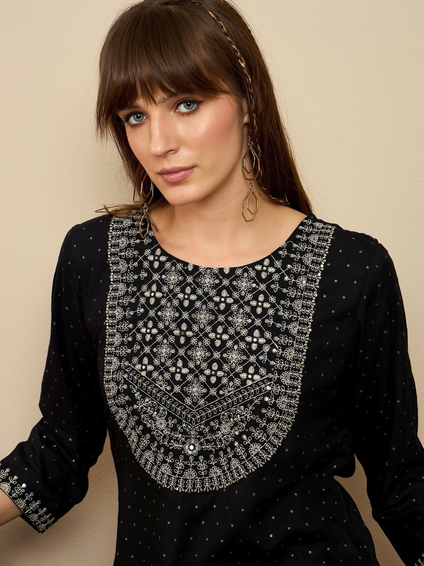 Indo Era Black Embroidered Straight Kurtas