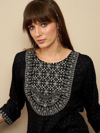 Indo Era Black Embroidered Straight Kurtas