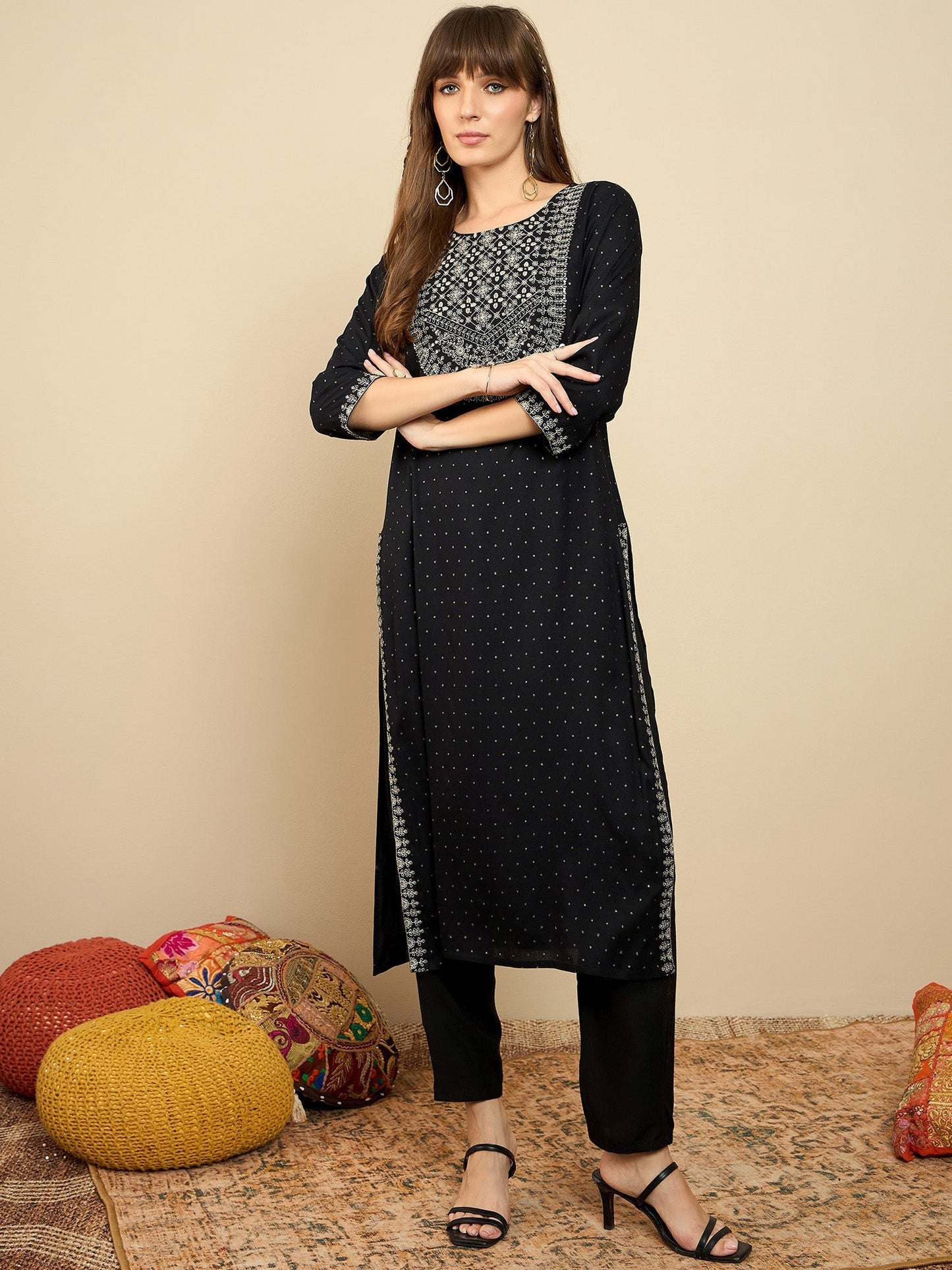 Indo Era Black Embroidered Straight Kurtas
