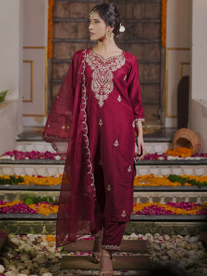 Maroon Embroidered Straight Kurta Trousers With Dupatta set