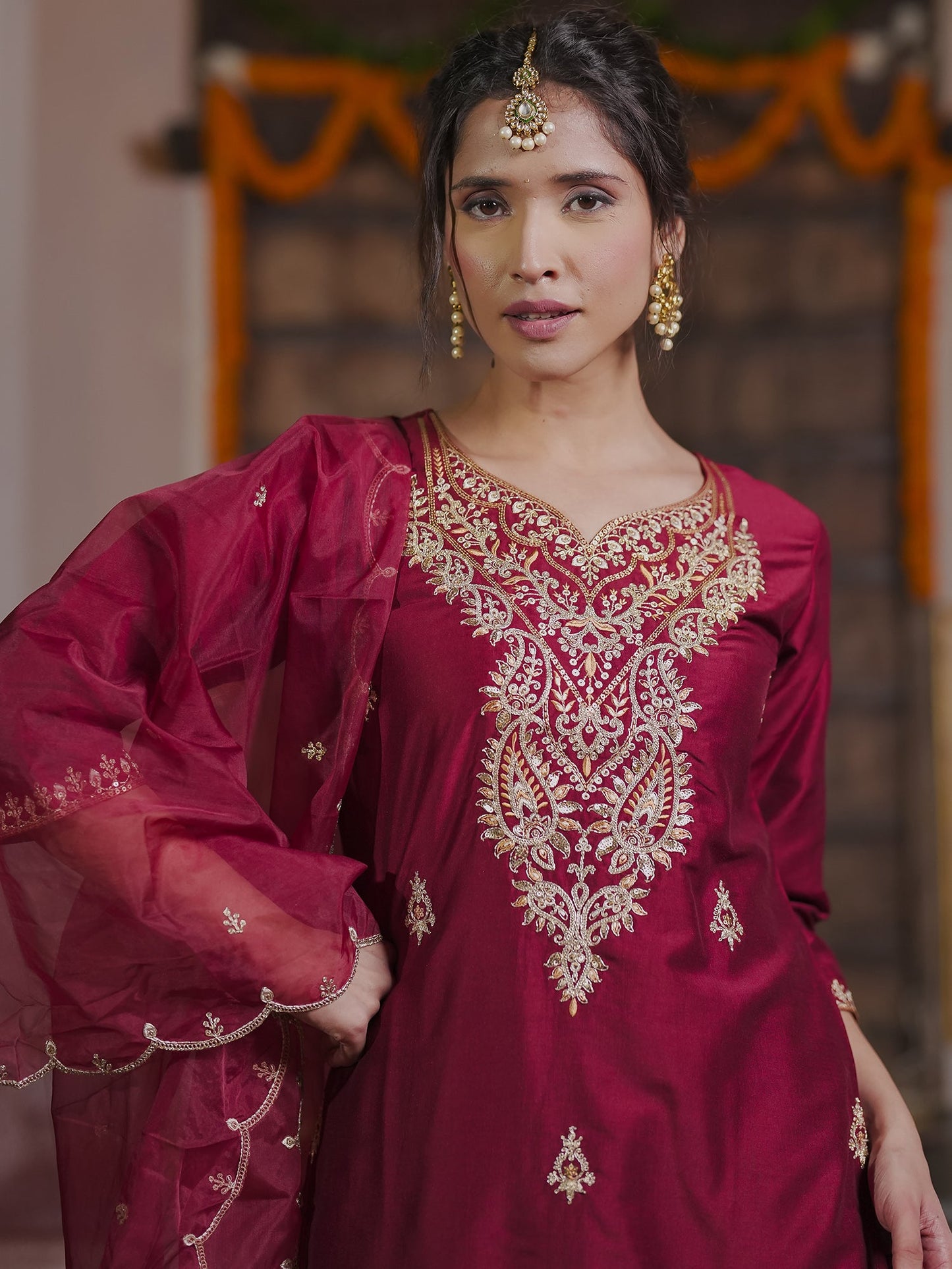 Maroon Embroidered Straight Kurta Trousers With Dupatta set