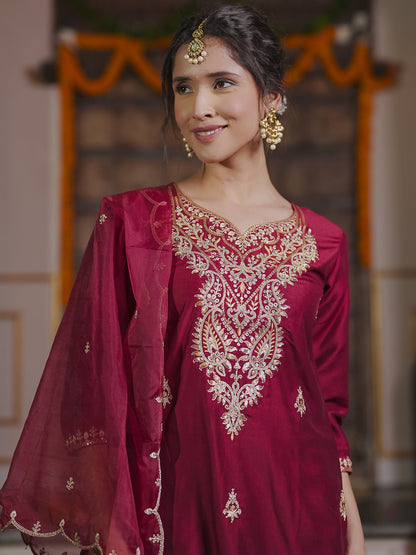 Maroon Embroidered Straight Kurta Trousers With Dupatta set