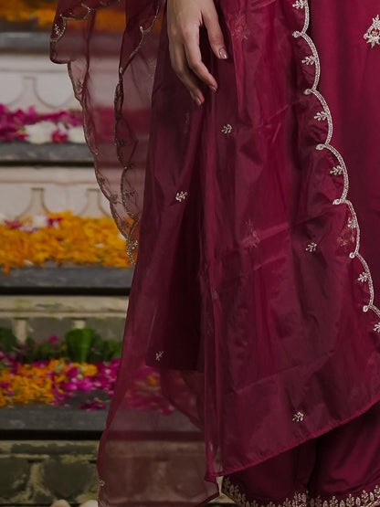 Maroon Embroidered Straight Kurta Trousers With Dupatta set