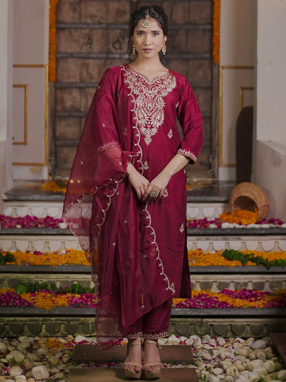 Maroon Embroidered Straight Kurta Trousers With Dupatta set