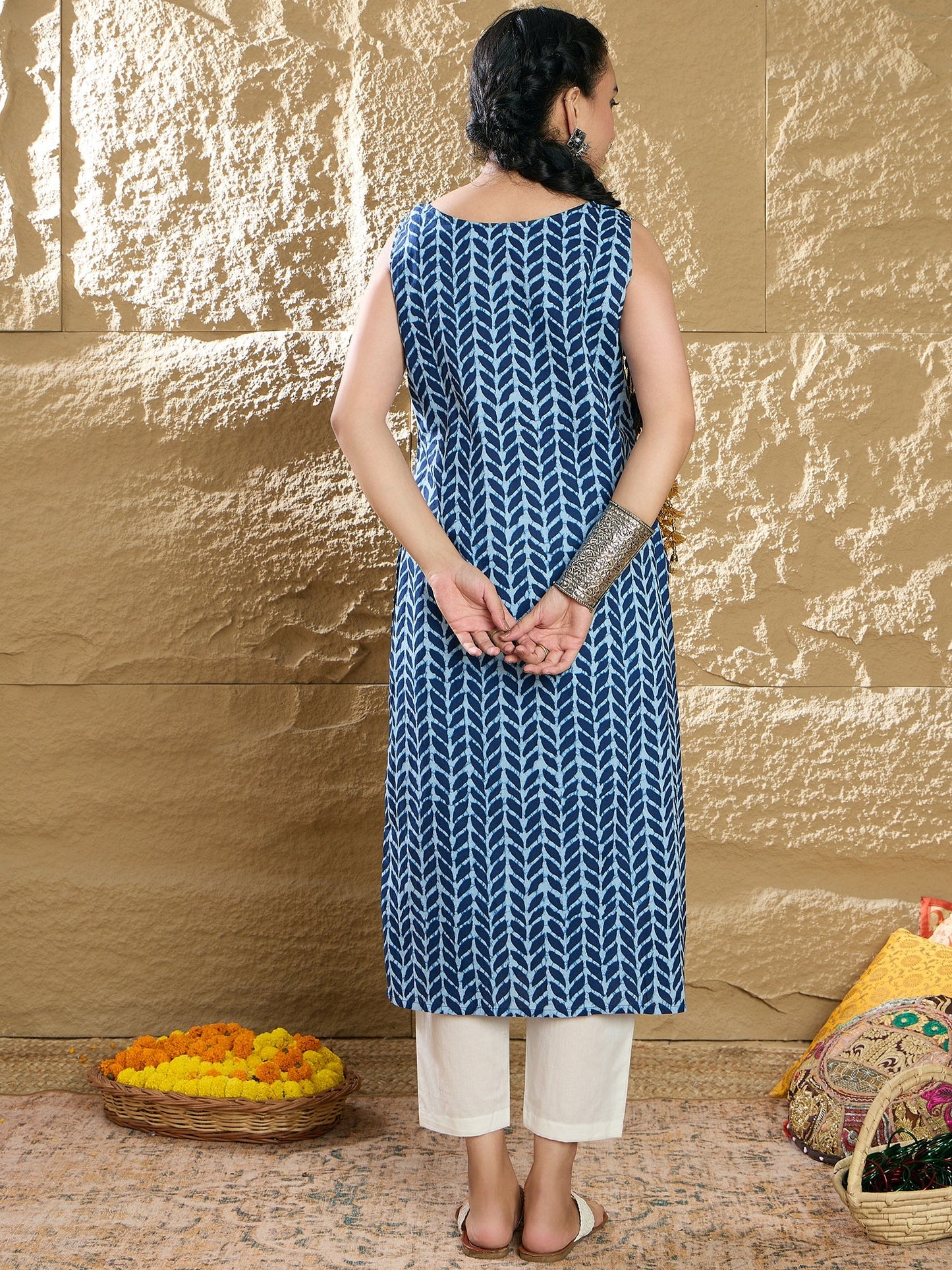 Indo Era Blue Printed Straight Kurtas
