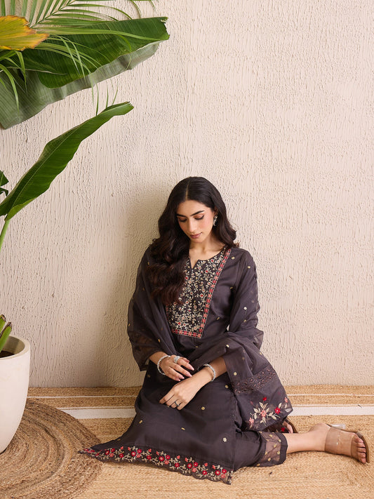 Grey Embroidered Straight Kurta Trousers With Dupatta set