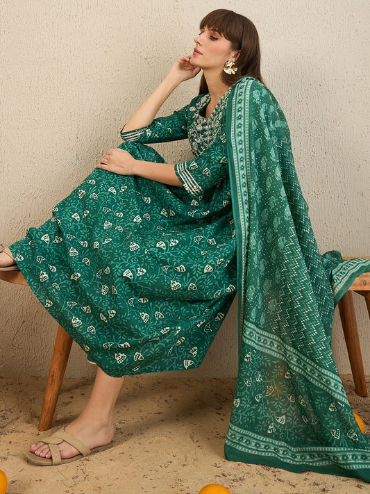 Indo Era Green Embroidered A-Line Kurta Trousers With Dupatta Set