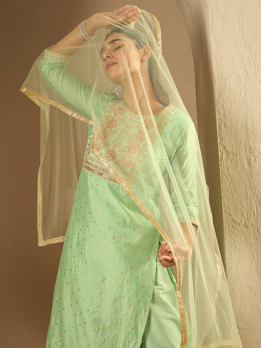 Indo Era Green Embroidered Straight Kurta Trousers With Dupatta Set