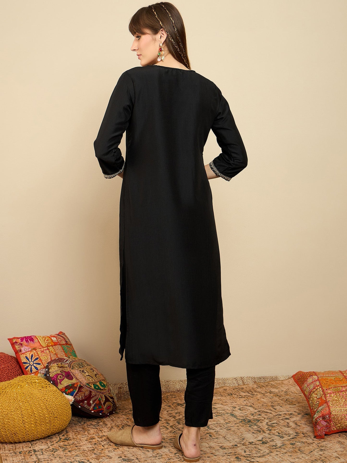 Indo Era Black Embroidered Straight Kurtas