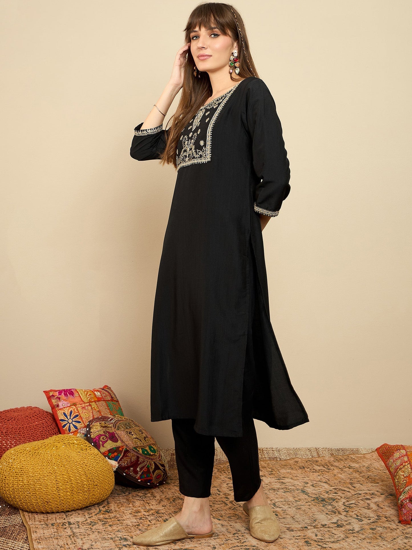 Indo Era Black Embroidered Straight Kurtas