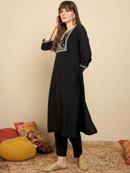 Indo Era Black Embroidered Straight Kurtas