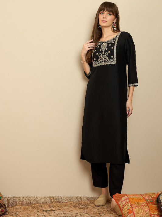 Indo Era Black Embroidered Straight Kurtas