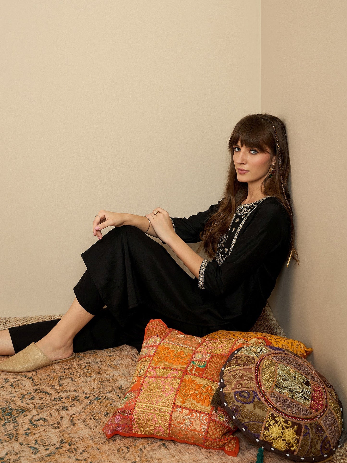 Indo Era Black Embroidered Straight Kurtas
