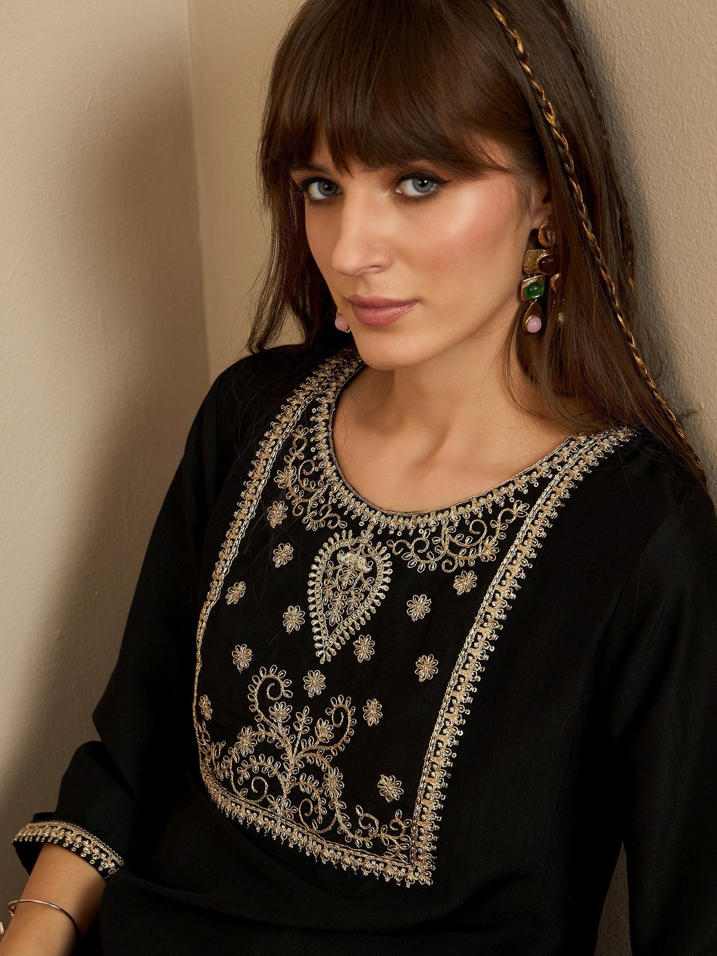 Indo Era Black Embroidered Straight Kurtas