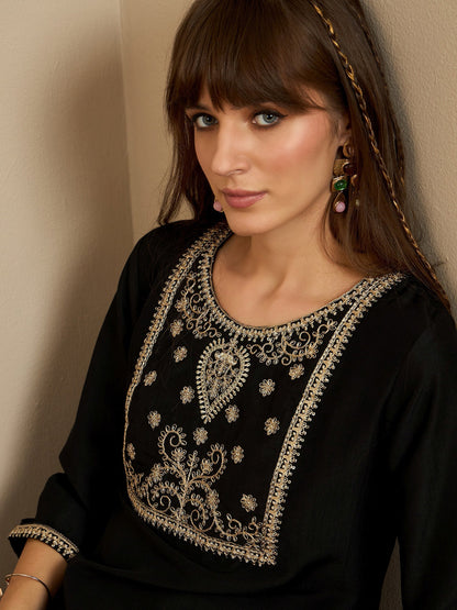 Indo Era Black Embroidered Straight Kurtas
