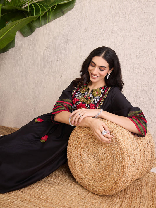 Indo Era Black Embroidered A-Line Kurta Trousers  Set