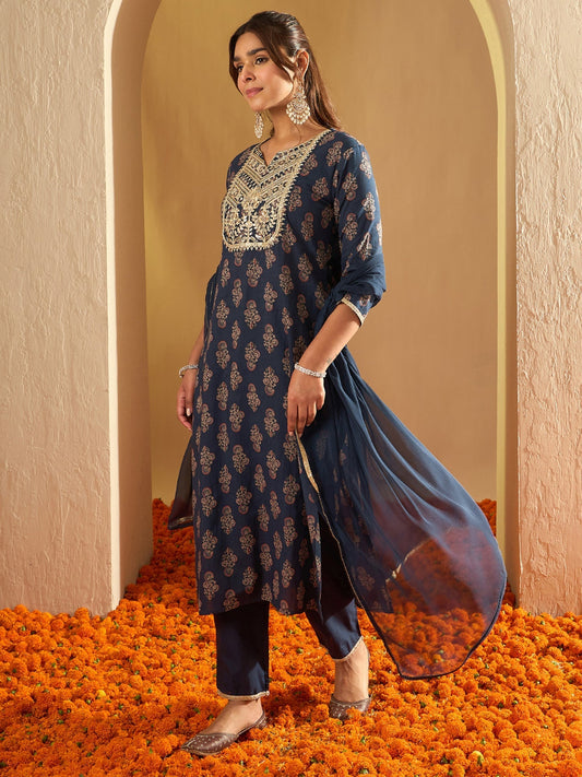 Indo Era Blue Embroidered Straight Kurta Palazzos With Dupatta Set