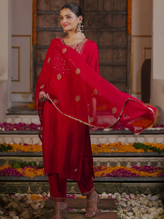 Red Embroidered Straight Kurta Trousers With Dupatta Set