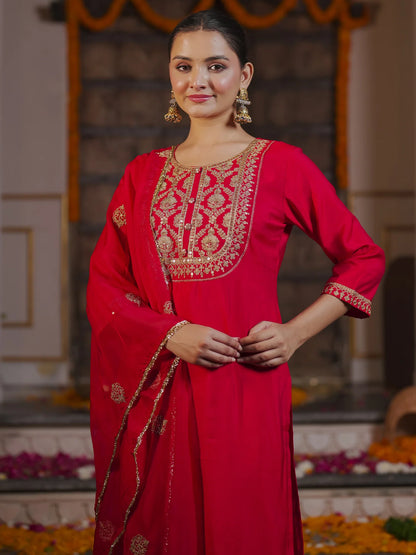Red Embroidered Straight Kurta Trousers With Dupatta Set