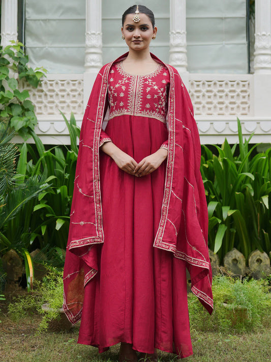 Red Embroidered Anarkali Kurta Trousers With Dupatta Set