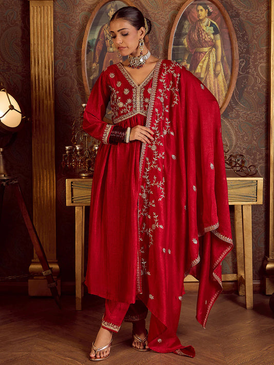 Red Embroidered A-Line Kurta Trousers With Dupatta Set