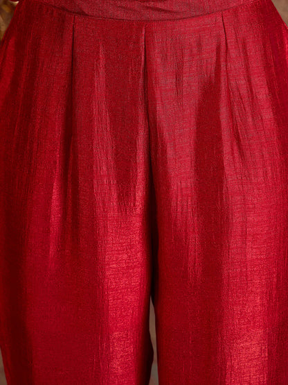 Red Embroidered A-Line Kurta Trousers With Dupatta Set