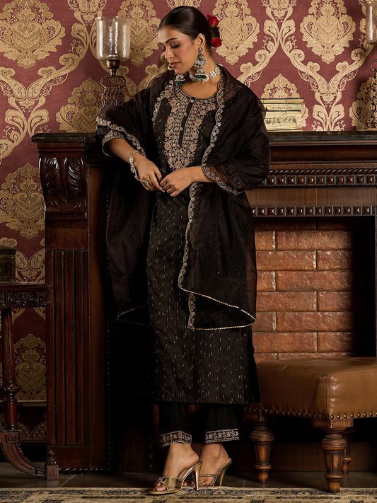 Indo Era Black Embroidered Straight Kurta Trousers With Dupatta set