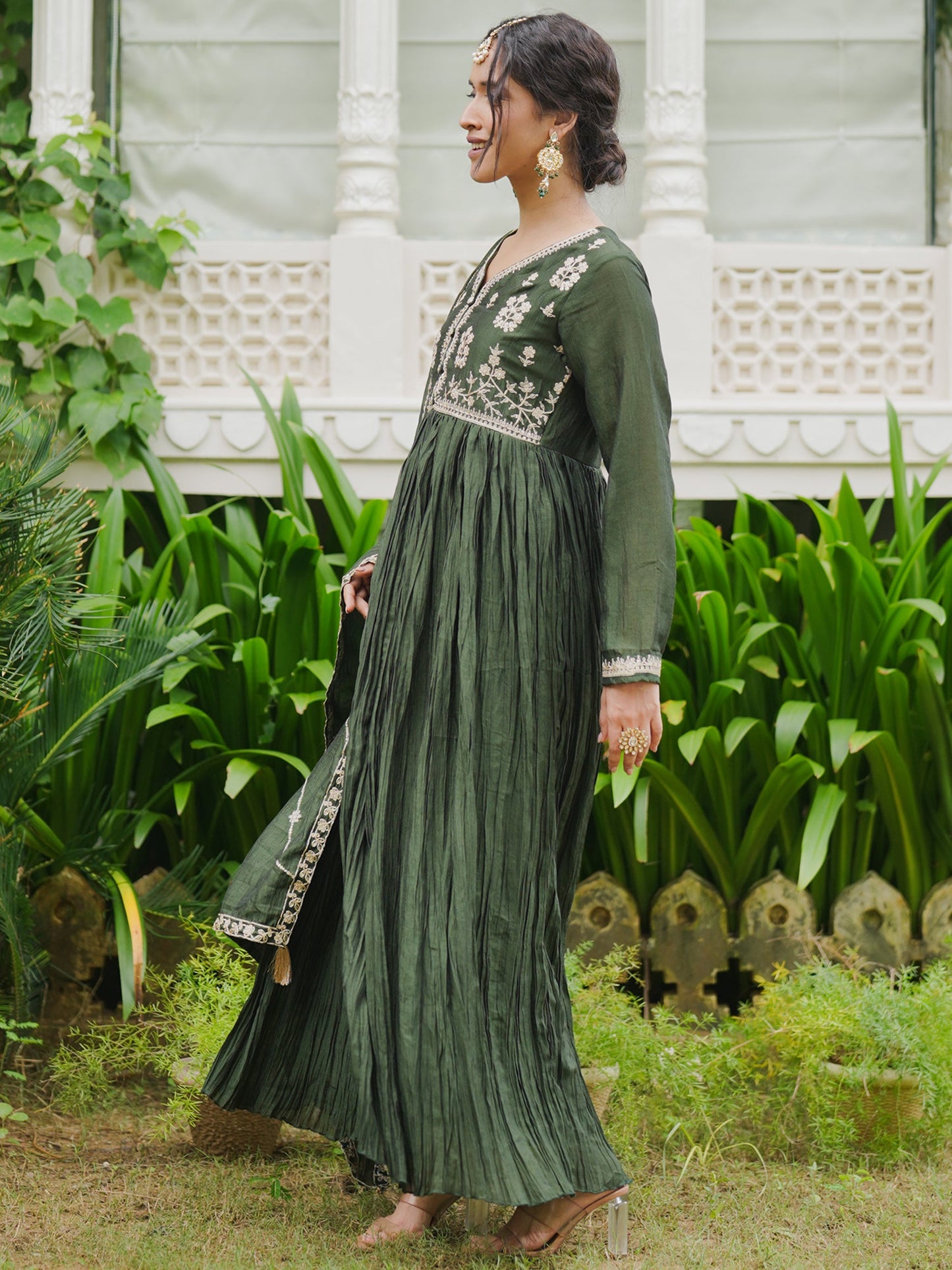 Indo Era Green Embroidered Anarkali Kurta Trousers With Dupatta set