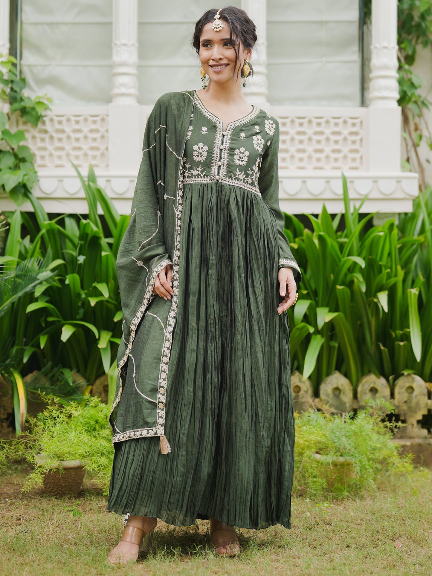 Indo Era Green Embroidered Anarkali Kurta Trousers With Dupatta set