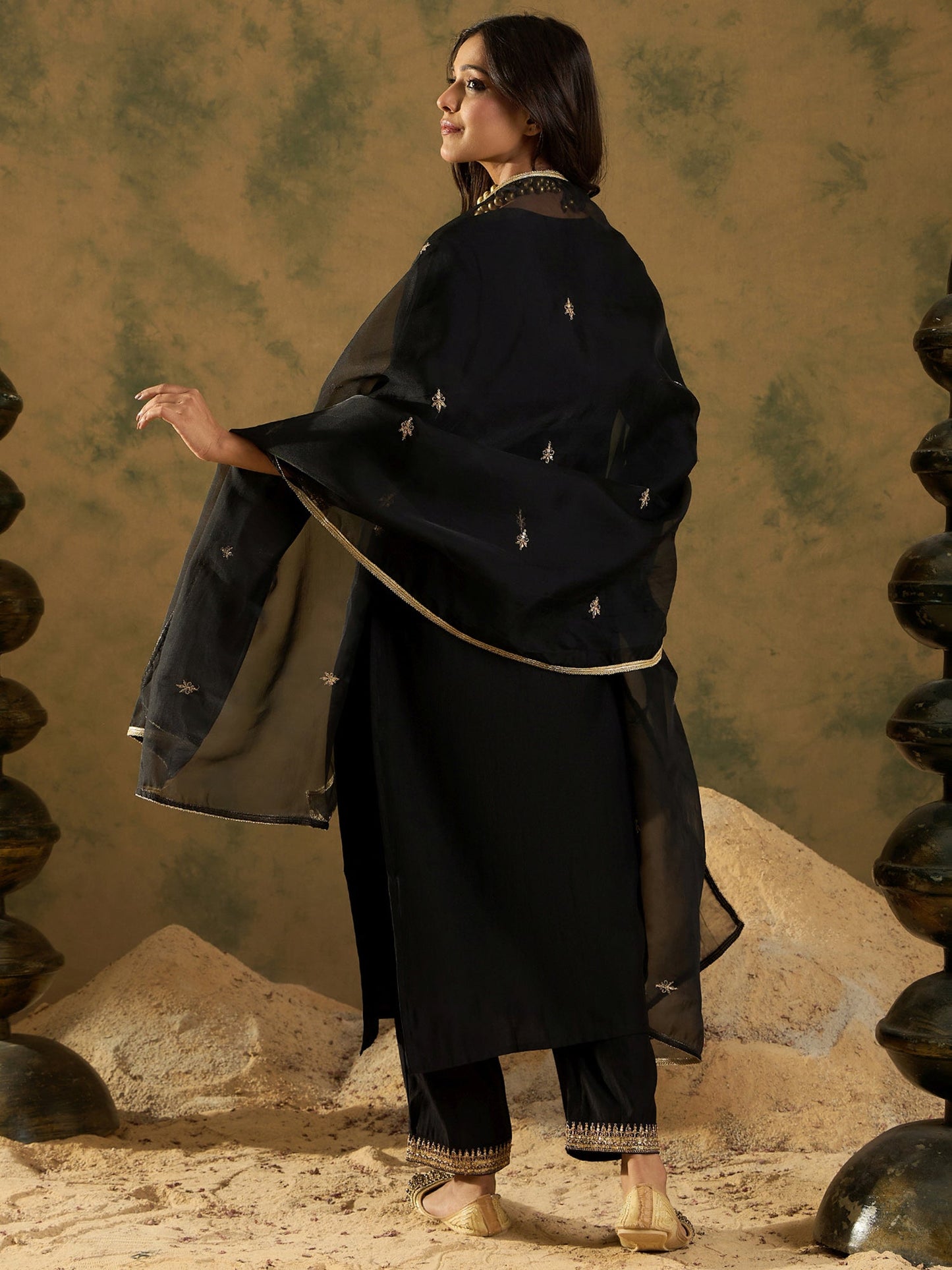 Black Embroidered Straight Kurta Trousers With Dupatta set