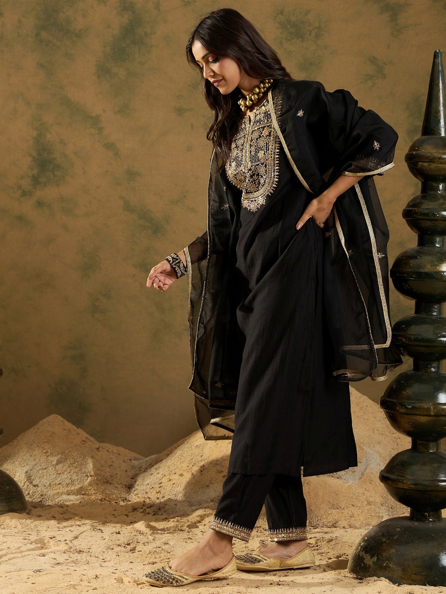 Black Embroidered Straight Kurta Trousers With Dupatta set