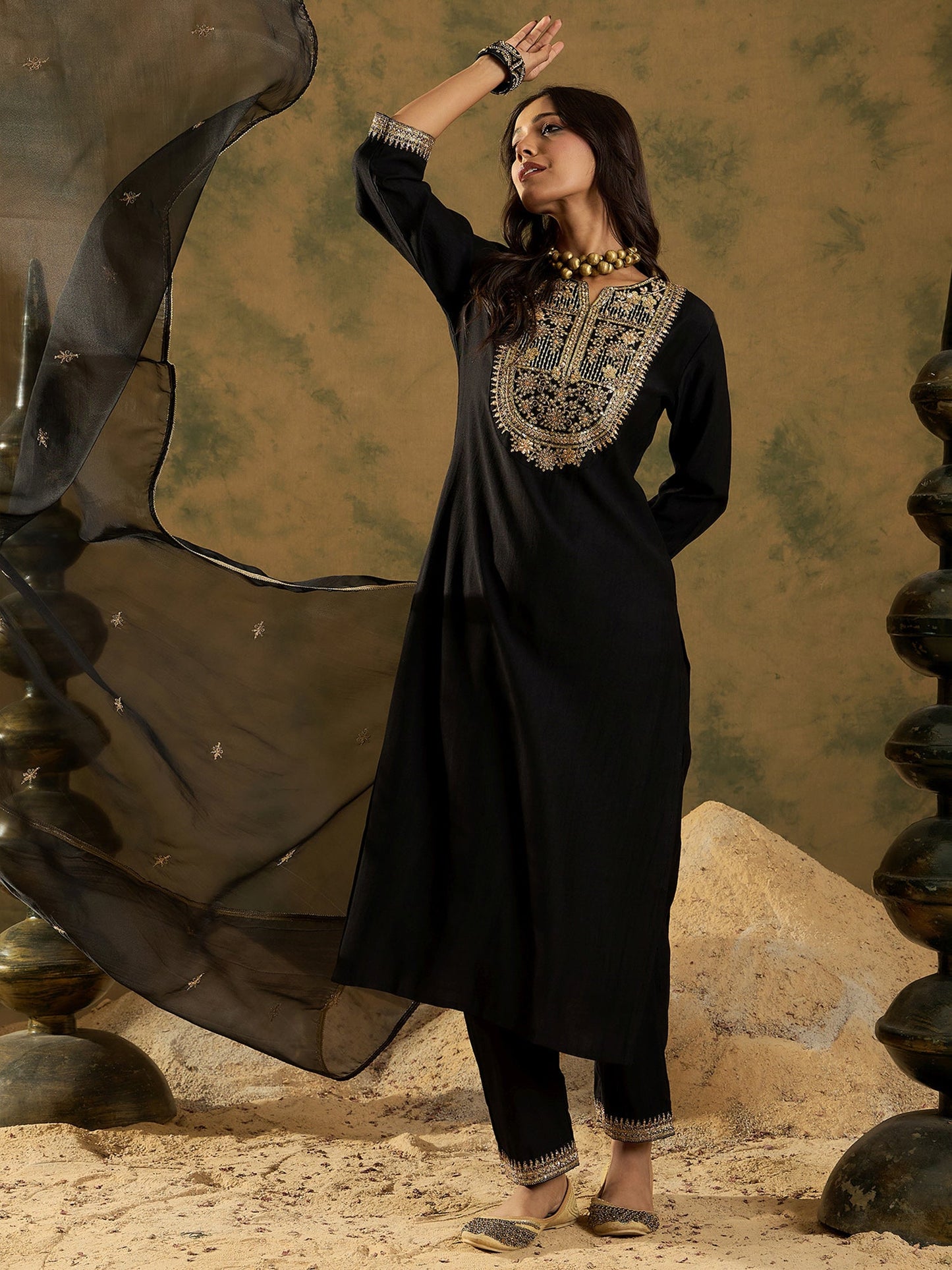 Black Embroidered Straight Kurta Trousers With Dupatta set