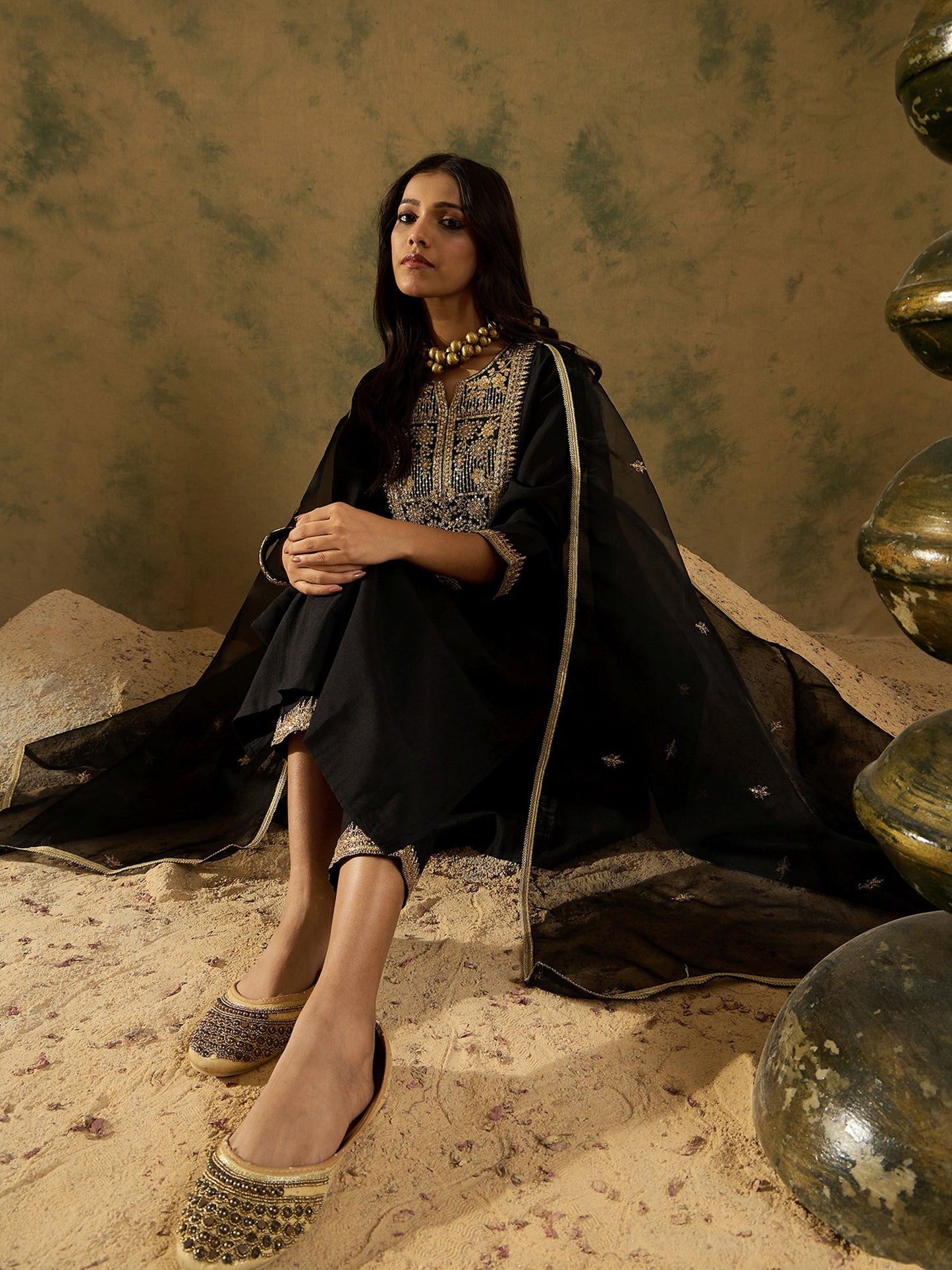 Black Embroidered Straight Kurta Trousers With Dupatta set
