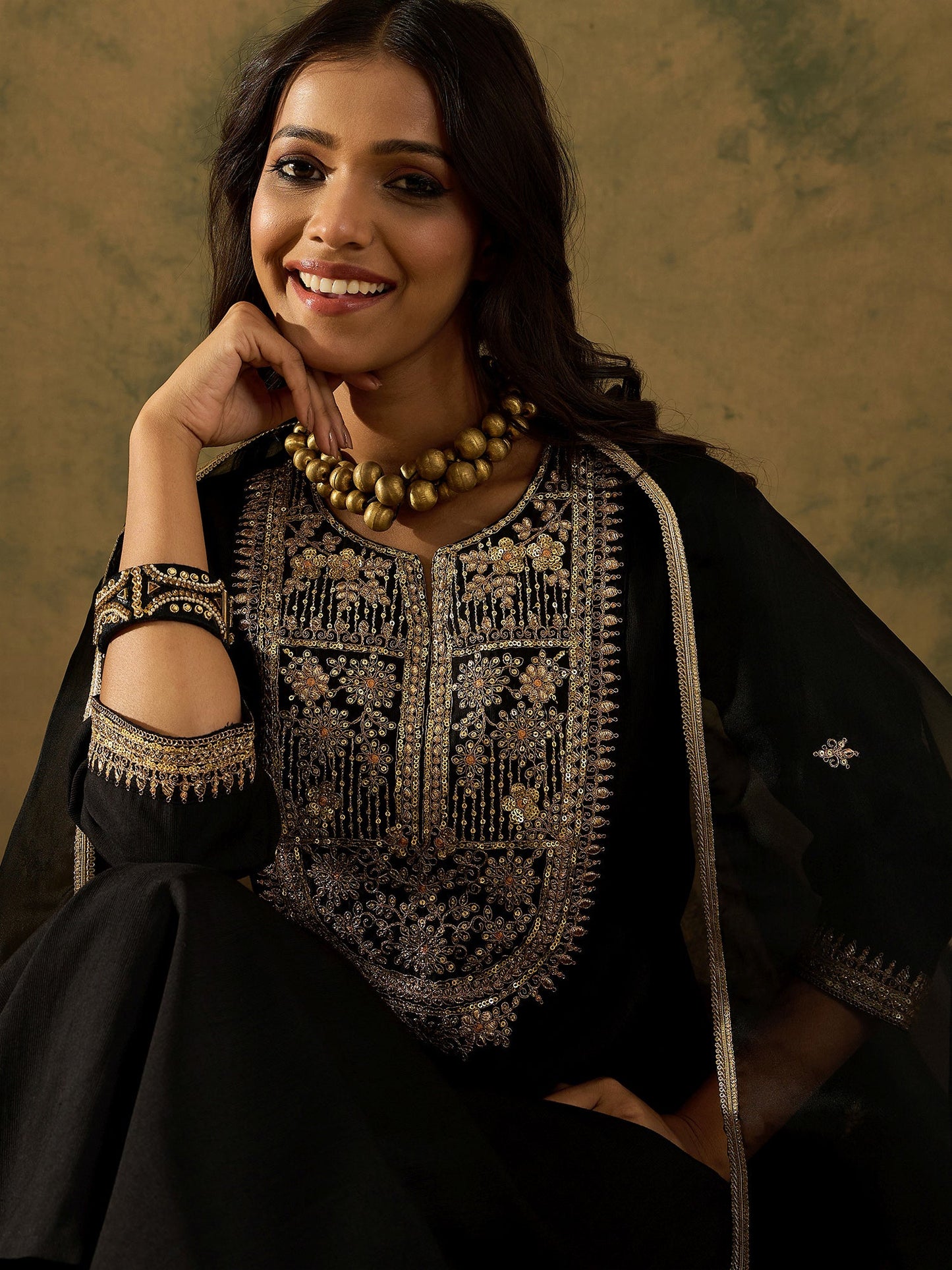 Black Embroidered Straight Kurta Trousers With Dupatta set
