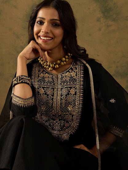 Black Embroidered Straight Kurta Trousers With Dupatta set