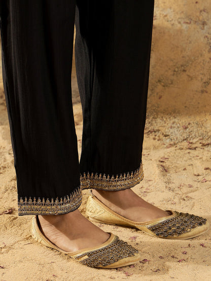 Black Embroidered Straight Kurta Trousers With Dupatta set