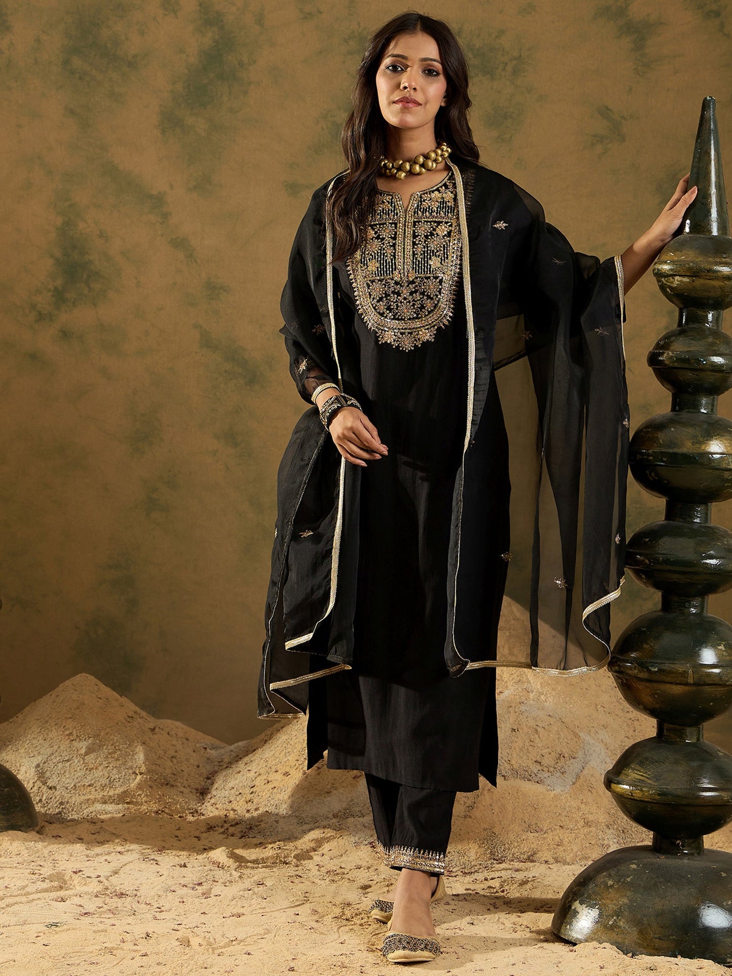 Black Embroidered Straight Kurta Trousers With Dupatta set