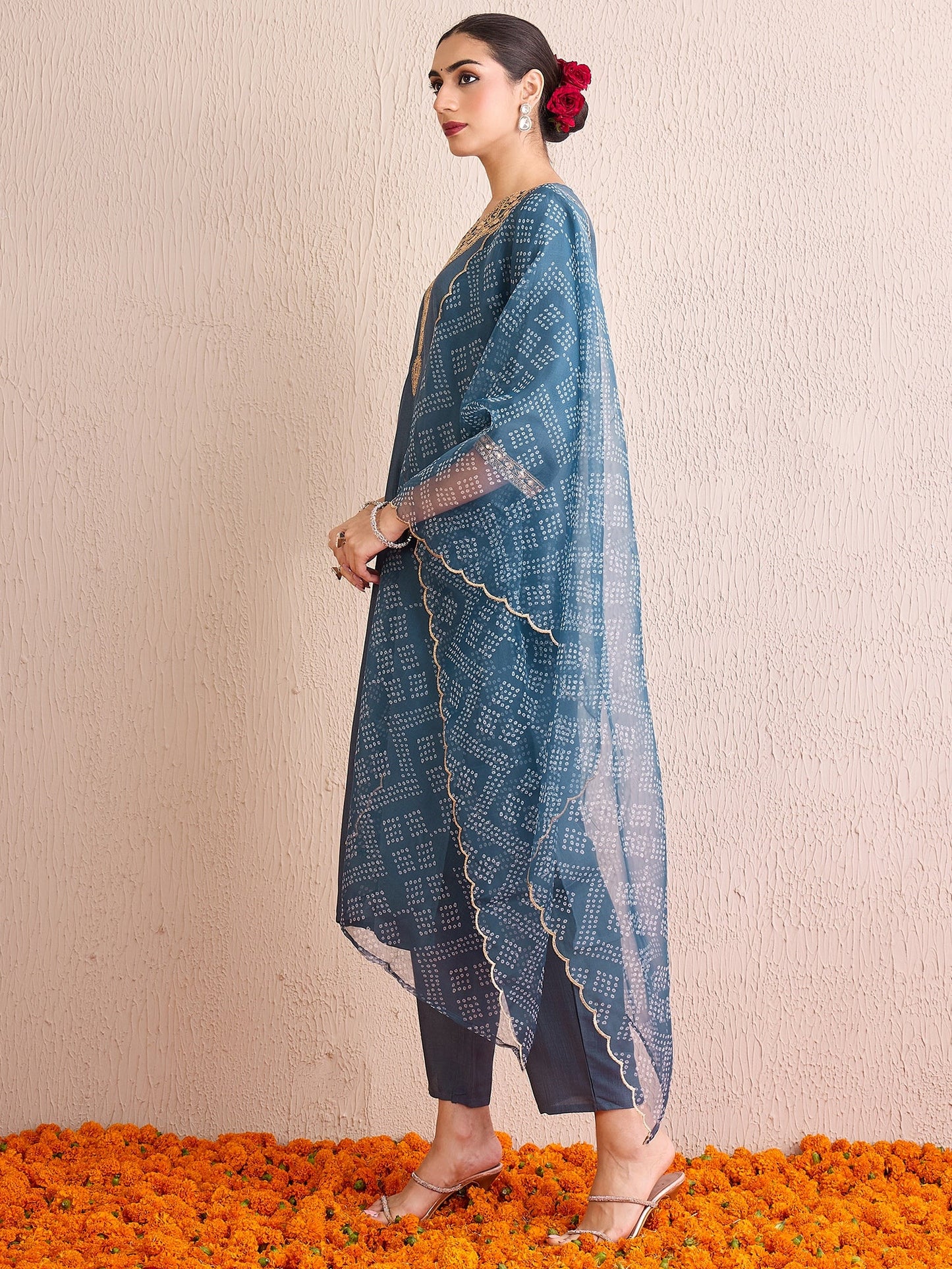 Indo Era Grey Embroidered Straight Kurta Trousers With Dupatta set