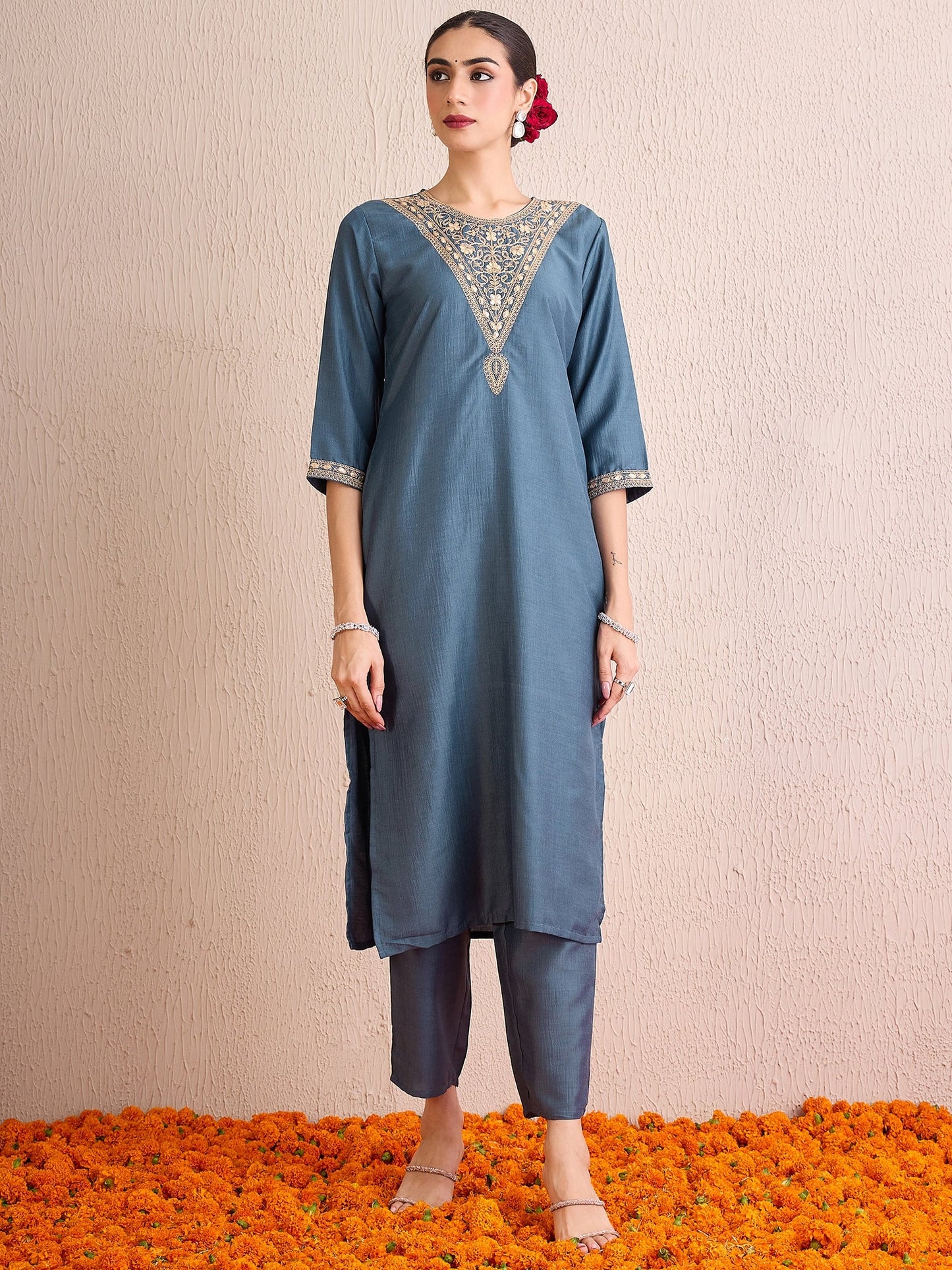 Indo Era Grey Embroidered Straight Kurta Trousers With Dupatta set